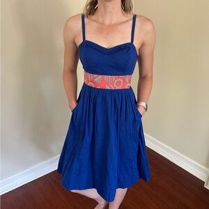 Bright Blue Spaghetti Strap Sundress with Sweetheart Neckline, Coral Waist